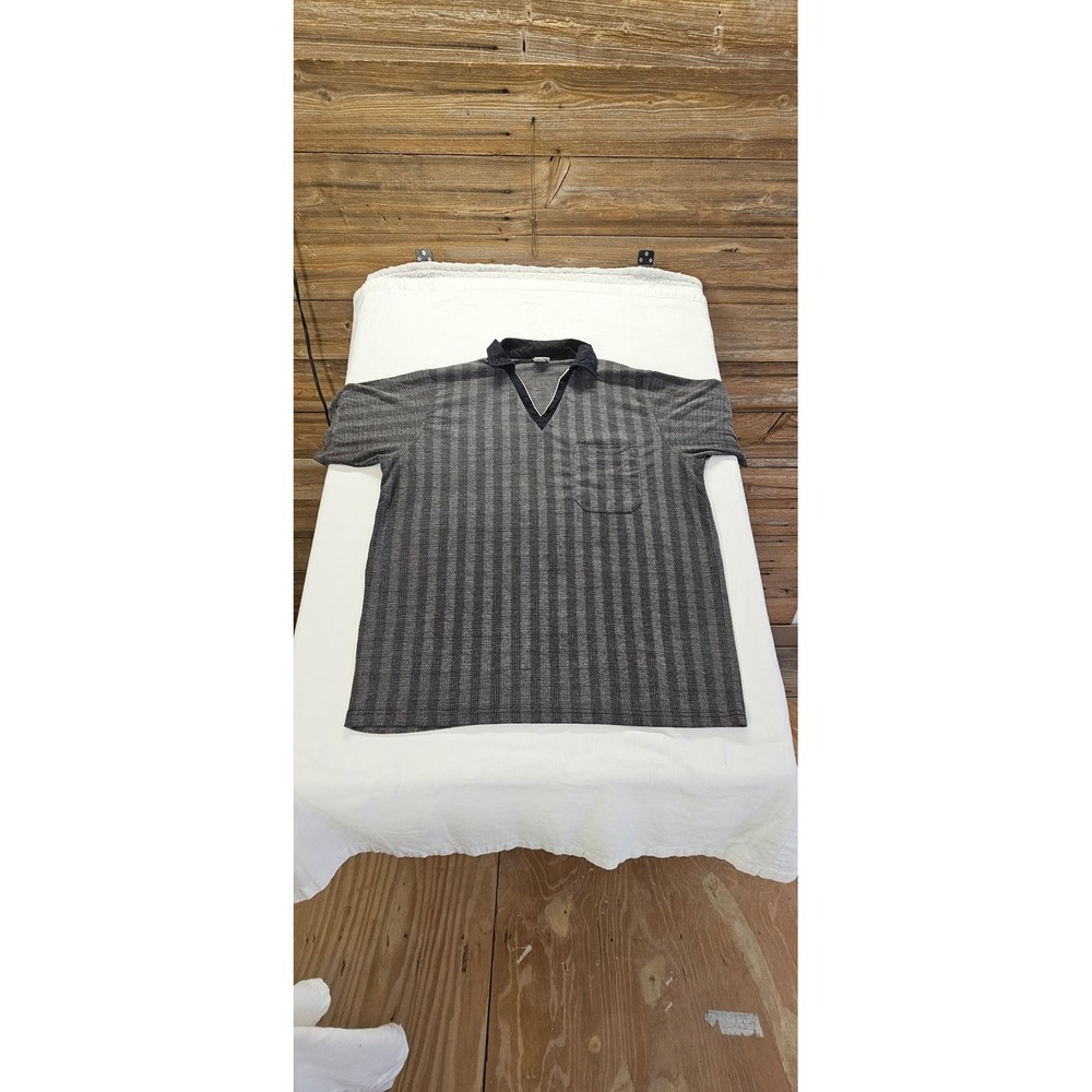 Vtg.Haband Mens Grey Black Striped Short Sleeve V-Neck Polo Shirt Pocket XL
